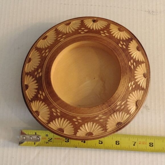 Handmade Carved Round Wooden Candle Base Catch All Bowl Boho Bohemain Eclectic - Picture 3 of 7